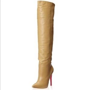Beige leather knee high boots w/hot pink heel